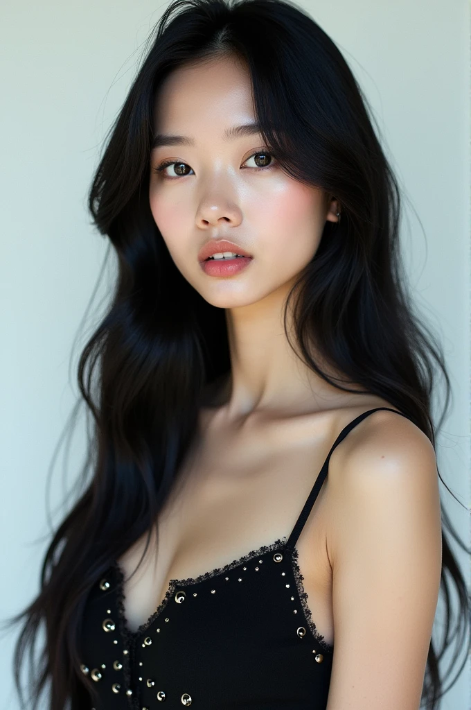 Jennie Kim the realist, with long straight black hair, black and shiny eyes, bright white aura, with a simple background, black low-cut tank top with embellishments photo 1:3