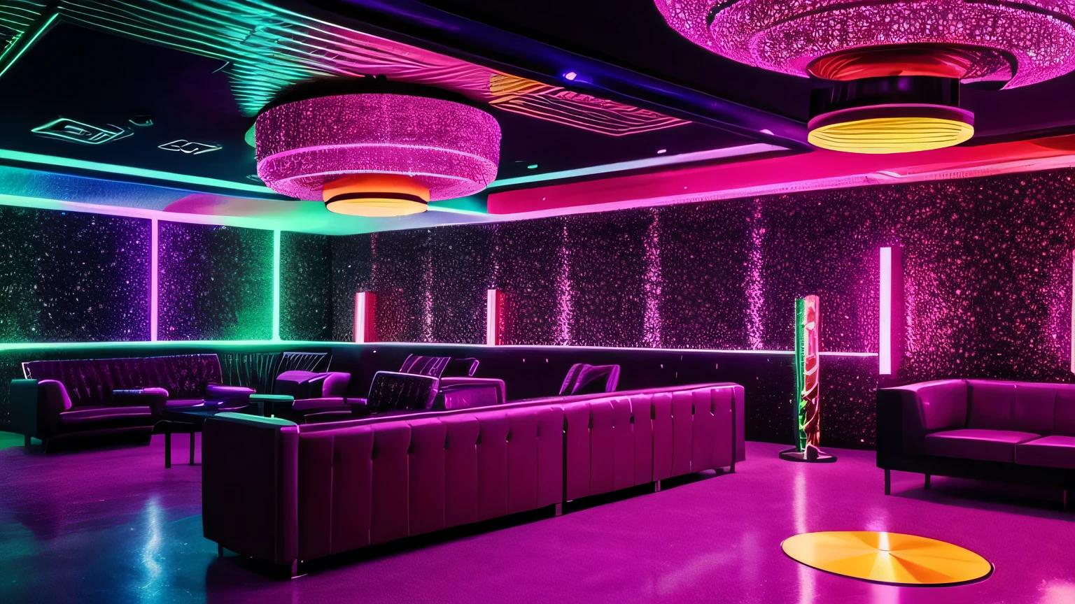 Step into a 70s disco dance club, with retro speakers lining the walls, vibrant light displays, and glittery décor, evoking the electric energy of the disco era."  Sem  pessoas no ambiente, destaque para caixas de som retro tipicas da epoca