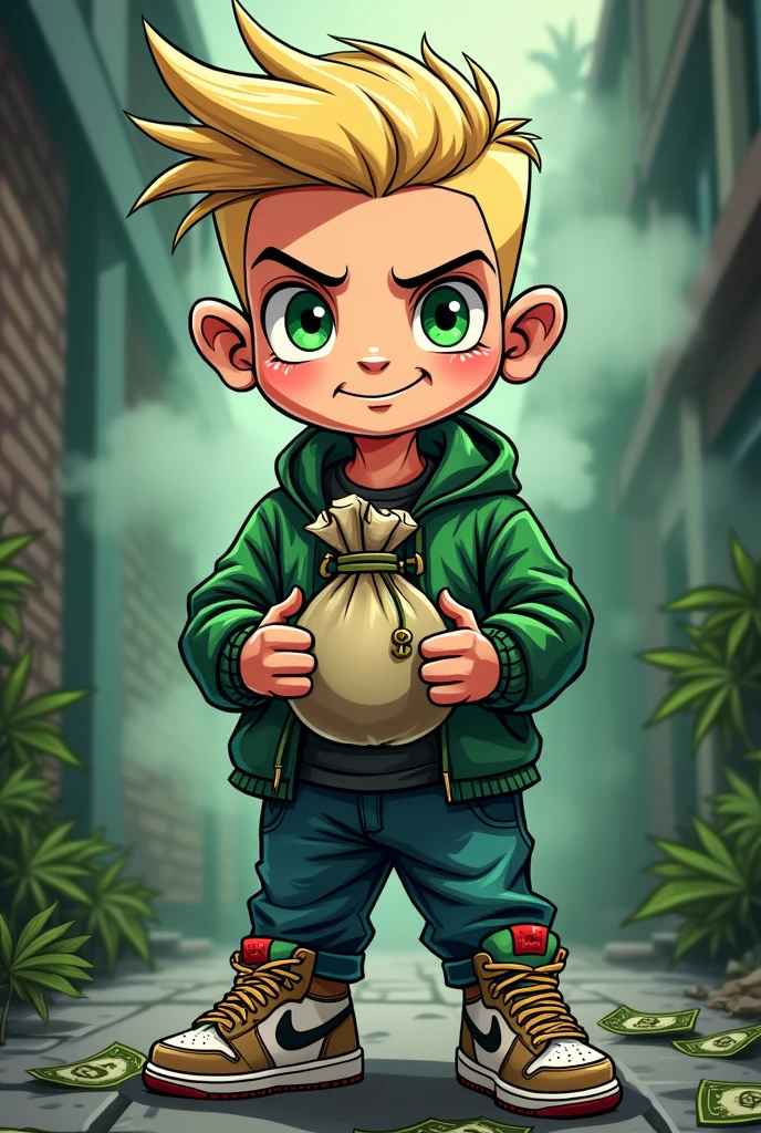 Cartoon Logo with a ghetto green eyed white boy with a fade holding a bag of money wearing jordans laughing smoke and marijuana background