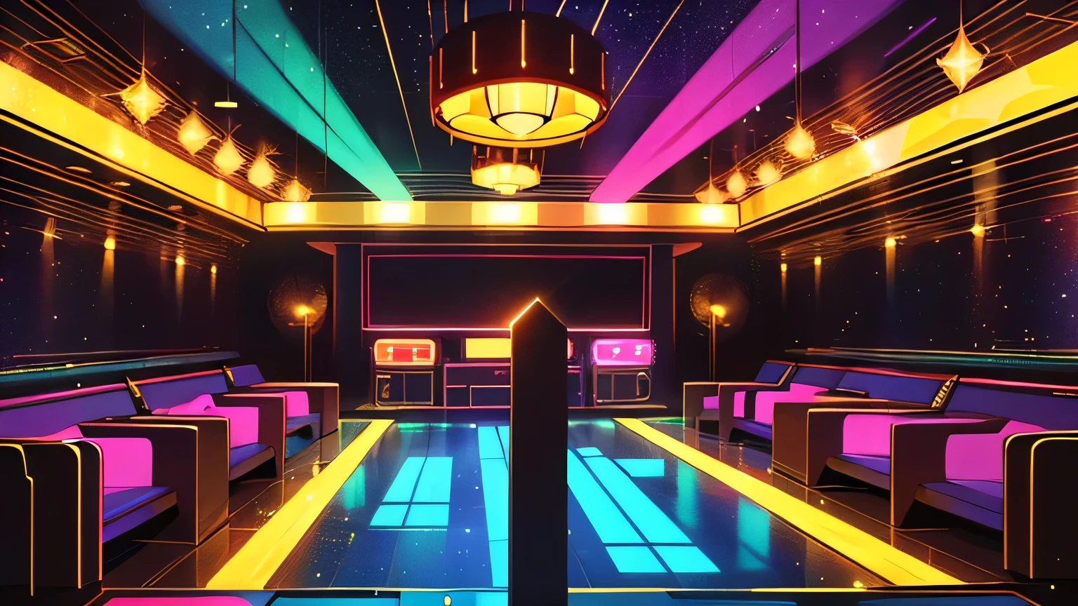 "Inside a retro-themed 1970s disco club, where vintage speakers, colorful lighting, and shimmering sparkles come together to create a classic disco dance ambiance."