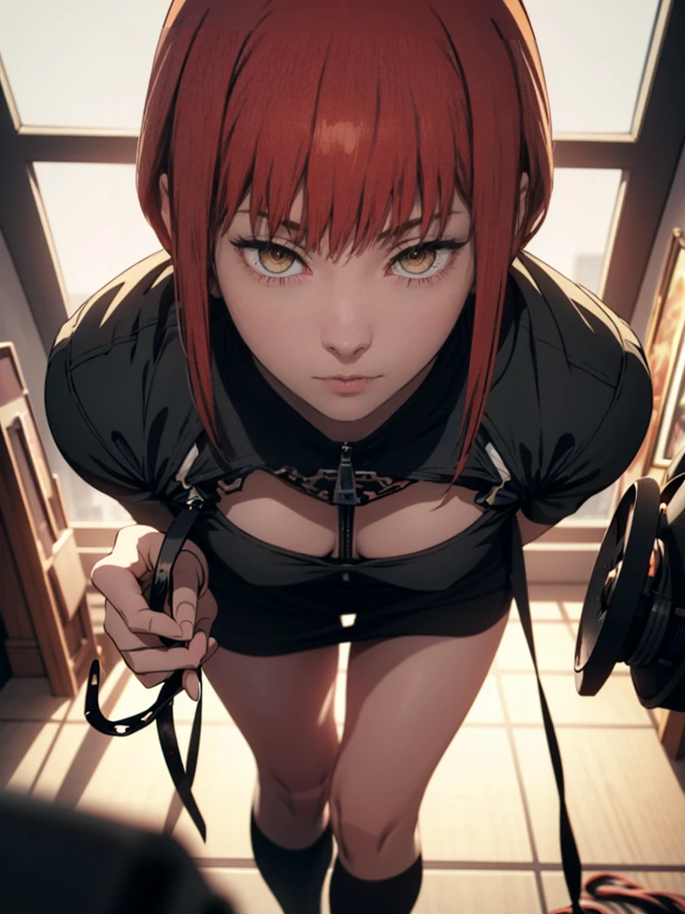 ((sexy dress))) A woman, The character Makima from the anime series Chainsaw Man, showing expression of laughing, smirking, looking down at viewer, holding dog leash, pulling viewer leash, makima,  red hair,  braid, braided ponytail, orange eyes, skinny black pants, sitting in chair, legs crossed, cowboy shot, slight leaning forward, head tilt,  beautiful figure,  sexypose, Realistic, Very detailed, handsome body, Detailed body, Detailed hands, Detailed, Vibrants, Detailed Face, Makima's character design. Very detailed, Detailed body, Detailed hands, Detailed Face, anime art, extremely detailed CG unity 8k wallpaper, detailed light, Cinematic lighting, chromatic aberration, glittering, expressionless, epic composition, dark in the background, Charecter Desing, Very detailed, Detailed body, Vibrants, Detailed Face, sharp-focus, anime art, Vibrants, Detailed Face, Hugh Details, sharp-focus, evil smile, A detailed eye, super fine illustration, better shadow, finely detail, Beautiful detailed glow, Beautiful detailed, Extremely detailed, epic composition, Presented at artstation, Octane Render, artstation hd, Cinematic, 4 thousand., hypermaximalist