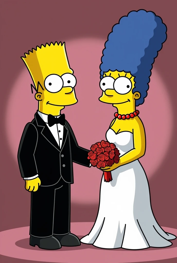 bart simpson, black evening suit, getting married, marge simpson adult, short wedding dress