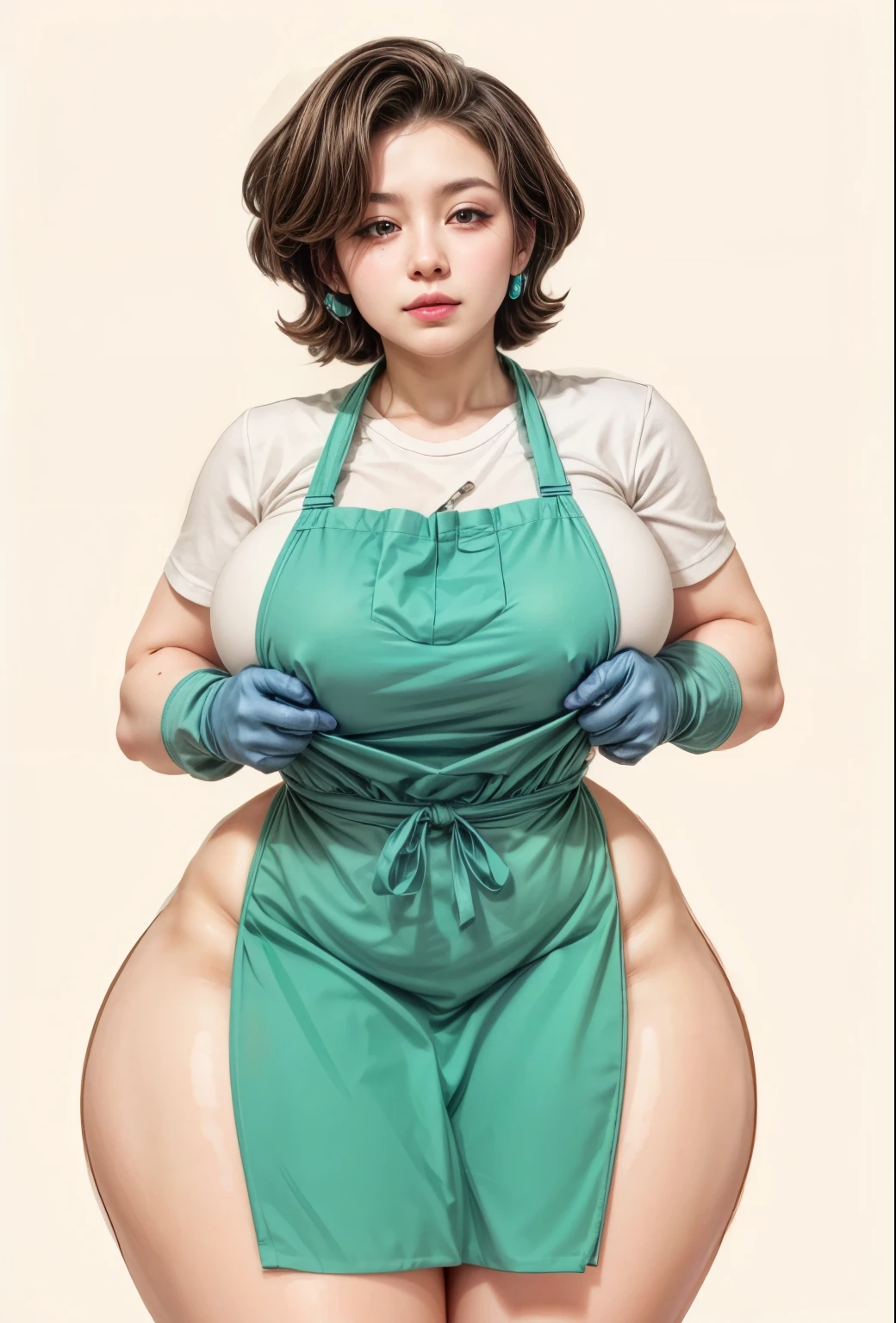 score_9, score_8_up, score_7_up, BREAK, 1girl, solo, breasts, dextersmom, makeup, jewelry, gloves, shirt, apron, upper body, portrait, mature female, simple background, thick thighs, wide hips, big ass, showing buttcrack slightly, showing big butt,