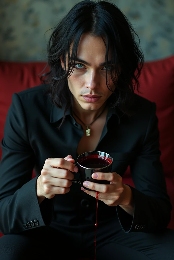 A sexy male with delicate facial features, black long hair, and teal blue eyes with all-black gothic clothes. He is sitting on a stylish sofa and pouring the blood on his clothes from his gothic cup. (Smirking and winking seductively 1.4)