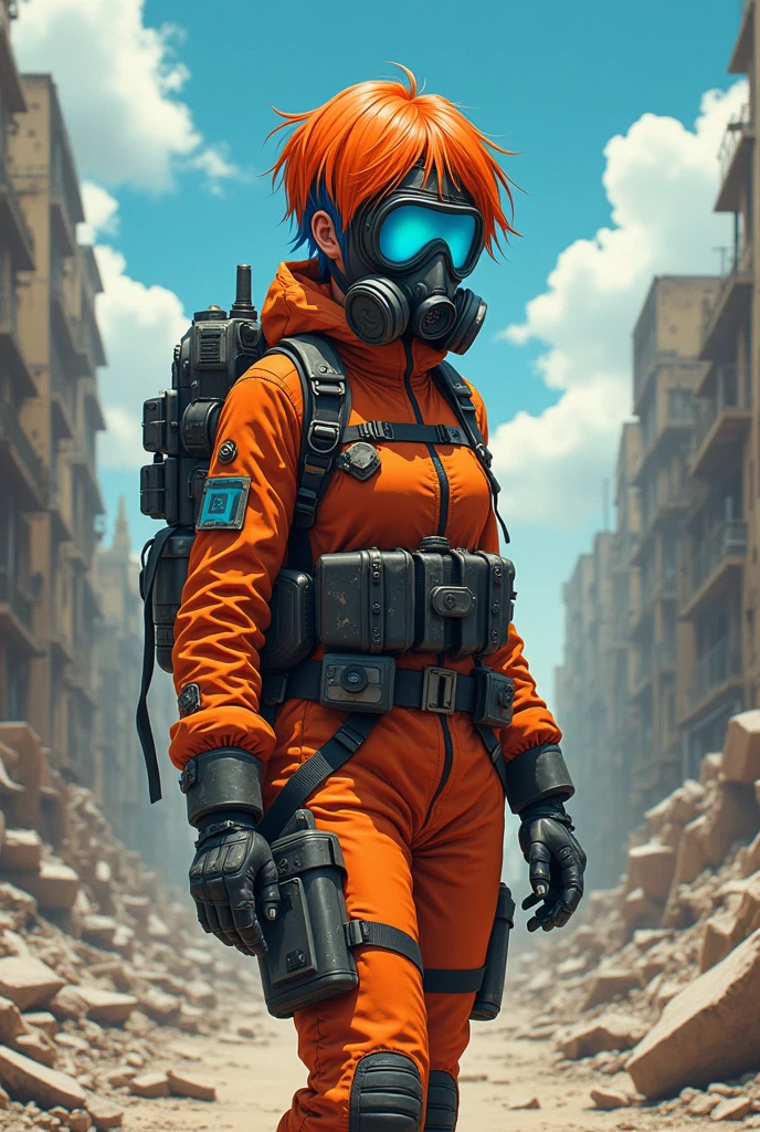 Create a woman in a post-apocalyptic fireproof suit and a gas mask that covers her entire face , with short orange hair and blue tips. Let it be animated like an anime