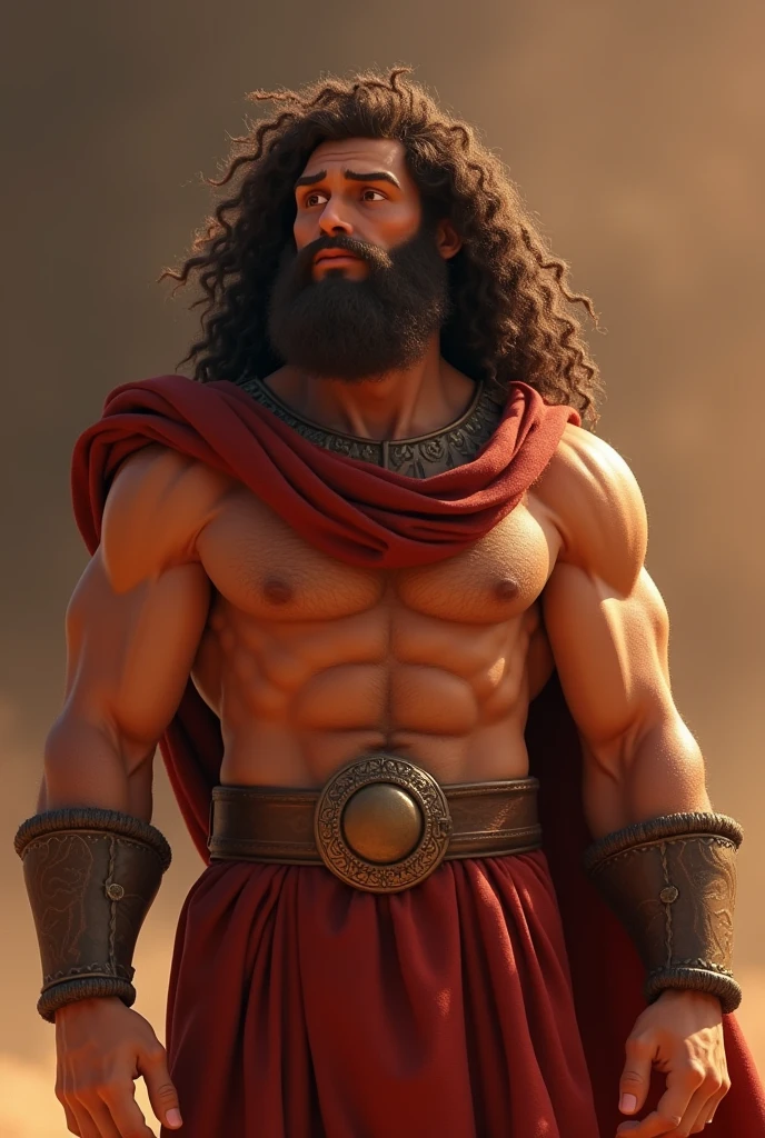 create a pixar photo of samson from the bible. showing his long hair and being very muscular