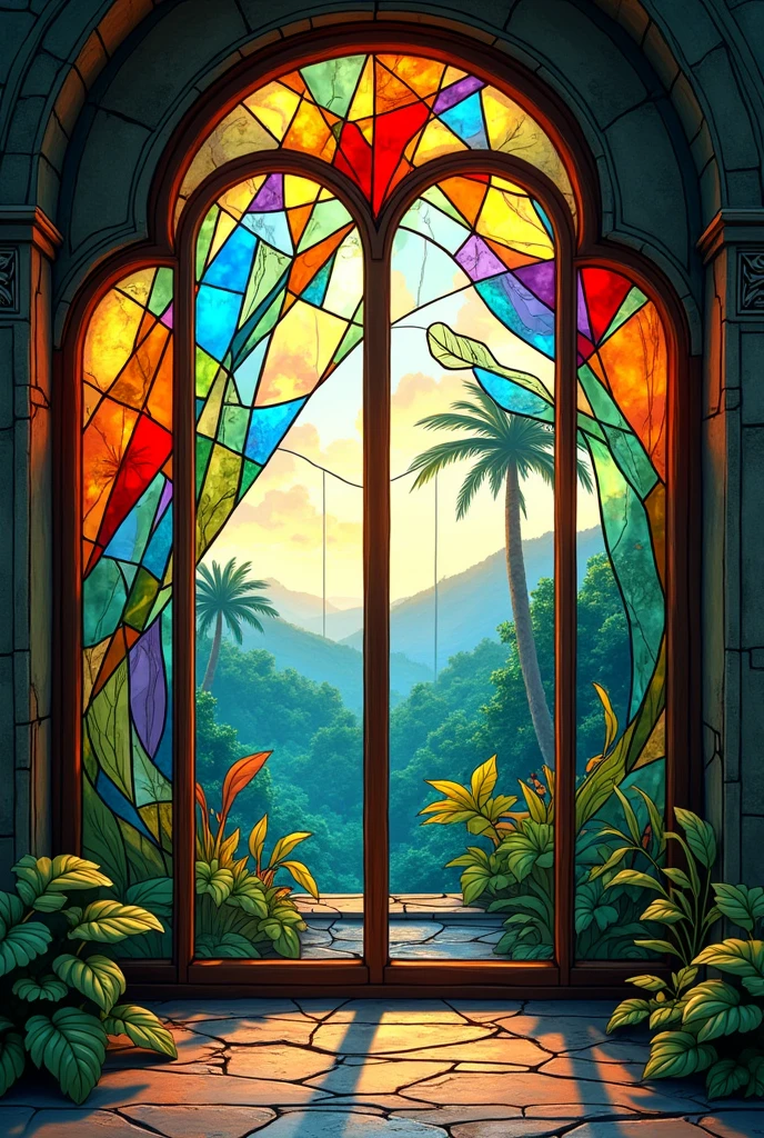 Simple stylized geometric stained glass window about nature 