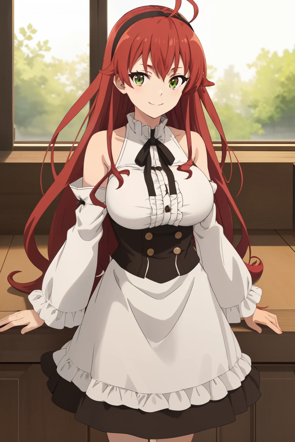 best quality, (masterpiece:1.2), detailed, eris boreas greyrat, closed mouth, light smile, long hair, red hair, ahoge, green eyes, black hairband, white dress, bare shoulders, big_breast, neck ribbon, black ribbon, brown skirt, long sleeves, standing, looking at the viewer, indoors, window, ((large_breast))