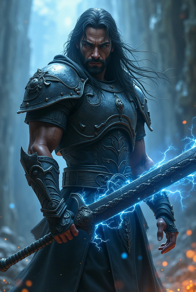 Human man dnd with hate evil, blood, electric eyes with thunder and lightning, strong, warrior with a large black electric longsword, with heavy armor. semi long hair