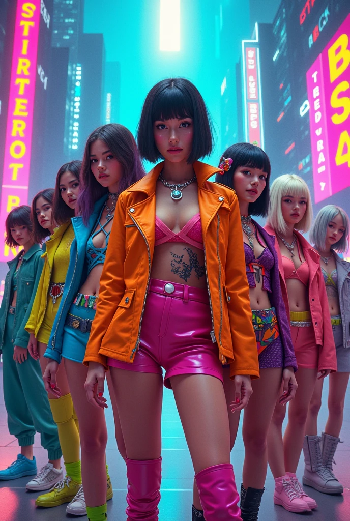 10 Girls in cyberpop style (colorful and creative clothes) each one with a different outfit