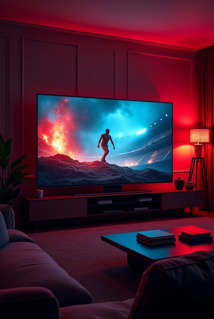 A large flat screen TV in a living room shows a popular movie or a live sporting event The scene is vibrant with vivid red and blue colors but mostly red and high definition detail The surrounding area is dimly lit which focuses attention on the bright screen