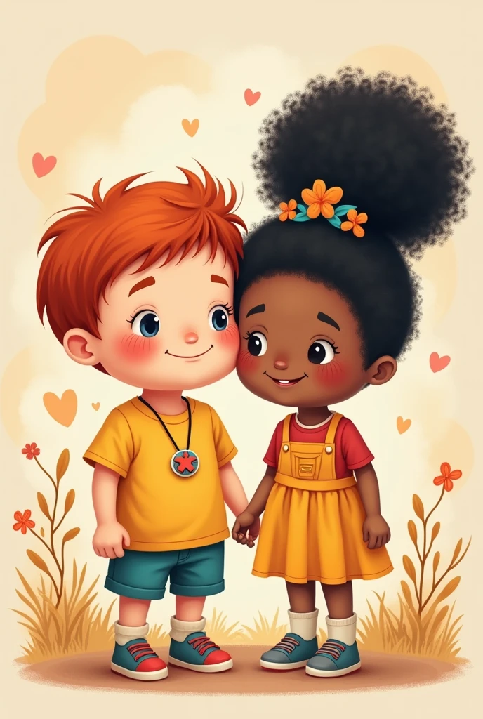 Make a male character around 8 years old who is quite chubby with red hair, freckled skin and wears a diversity necklace, signaling that he has autism.
Next to him is a 10-year-old girl with very voluminous black hair and a little flower as an ornament in her hair., doesn't wear the necklace.
all very cute Bobbie Goods coloring book style!
