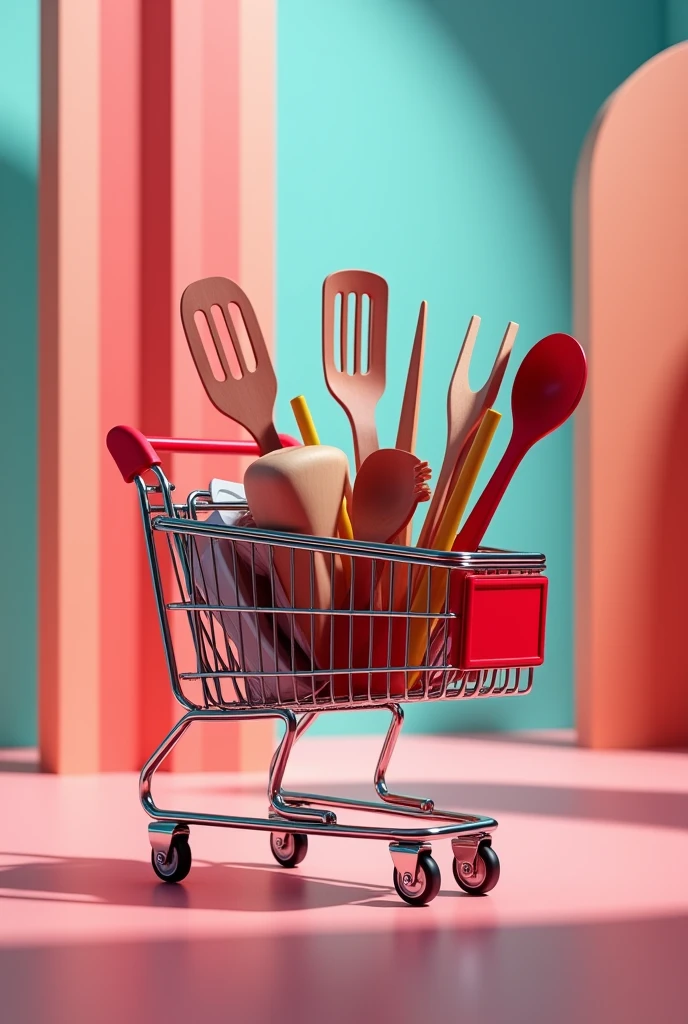 Image with shopping cart,and inside the cart have kitchen utensils,attracting to buy, with background to draw attention 