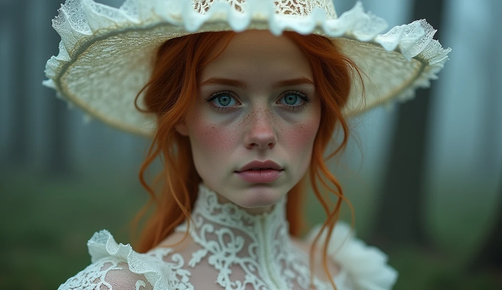 (Fantasy portrait:1.4) photo of an ethereal redhead woman, with piercing blue eyes and freckles, wearing an intricate white lace gown and hat, intense gaze at camera, upper body framing, in a misty forest setting, (diffused ethereal lighting:1.3), shot at eye level, on a Nikon D850 with a 105mm f/1.4 lens, (dreamy soft focus:1.2), (pastel color grading:1.3), (dew drop overlay:1.2), in the style of (Bella Kotak:1.4) and (Kirsty Mitchell:1.3)