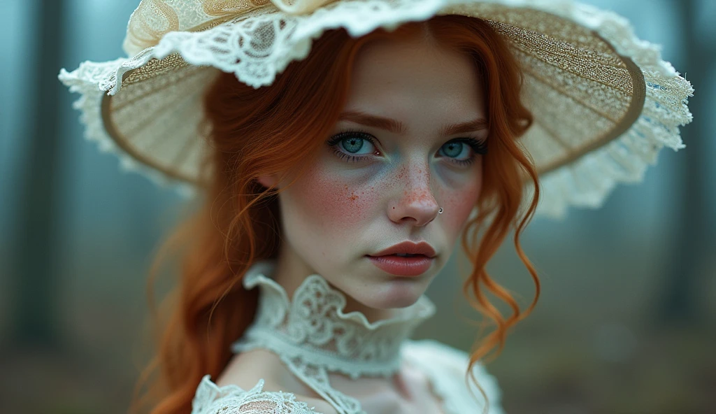 (Fantasy portrait:1.4) photo of an ethereal redhead woman, with piercing blue eyes and freckles, wearing an intricate white lace gown and hat, intense gaze at camera, upper body framing, in a misty forest setting, (diffused ethereal lighting:1.3), shot at eye level, on a Nikon D850 with a 105mm f/1.4 lens, (dreamy soft focus:1.2), (pastel color grading:1.3), (dew drop overlay:1.2), in the style of (Bella Kotak:1.4) and (Kirsty Mitchell:1.3)