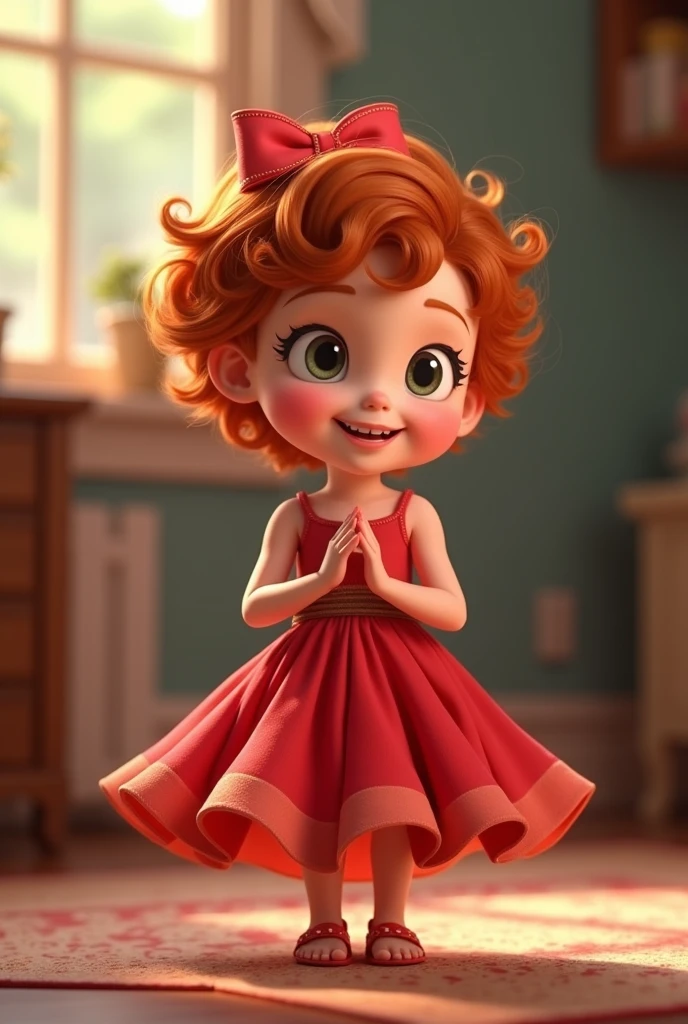 A 2-year-old Pixar cartoon style girl with a beautiful red flared dress, white skin, light eyes and short curly hair, smiling and very cute with a bow on her head. 