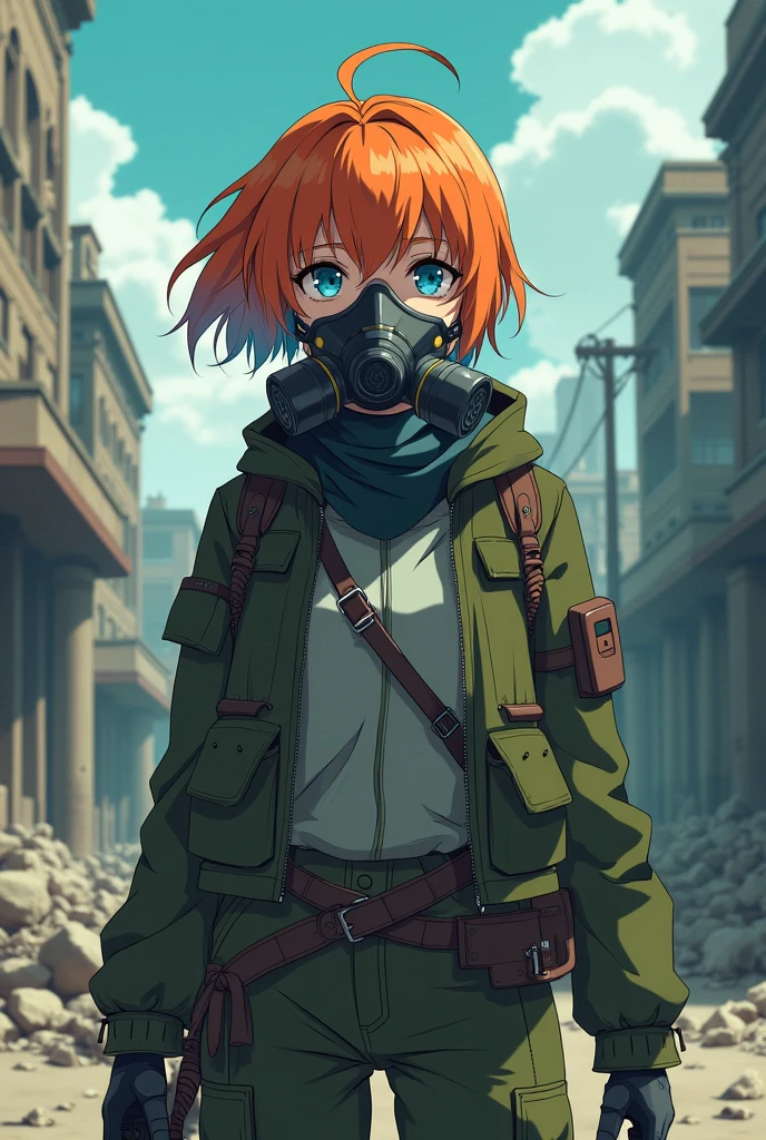 Create a woman in a post-apocalyptic outfit and a gas mask covering her entire face , with short orange hair and blue tips. Let it be animated like an anime