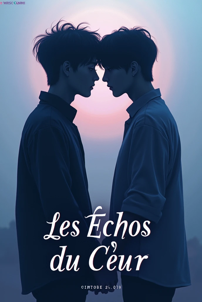 Un design avec deux silhouettes des membres de BTS jeon Jungkook et Park jimin
se tenant la main ou se regardant intensément, symbolisant leur connexion profonde. Le fond pourrait être un dégradé de couleurs douces, comme des bleus et des violets, pour évoquer la sérénité et l'intensité émotionnelle. Le titre **« Les Échos du Cœur »**écrit en grand en Écriture Poétique et Émotionnelle bien mise en évidence