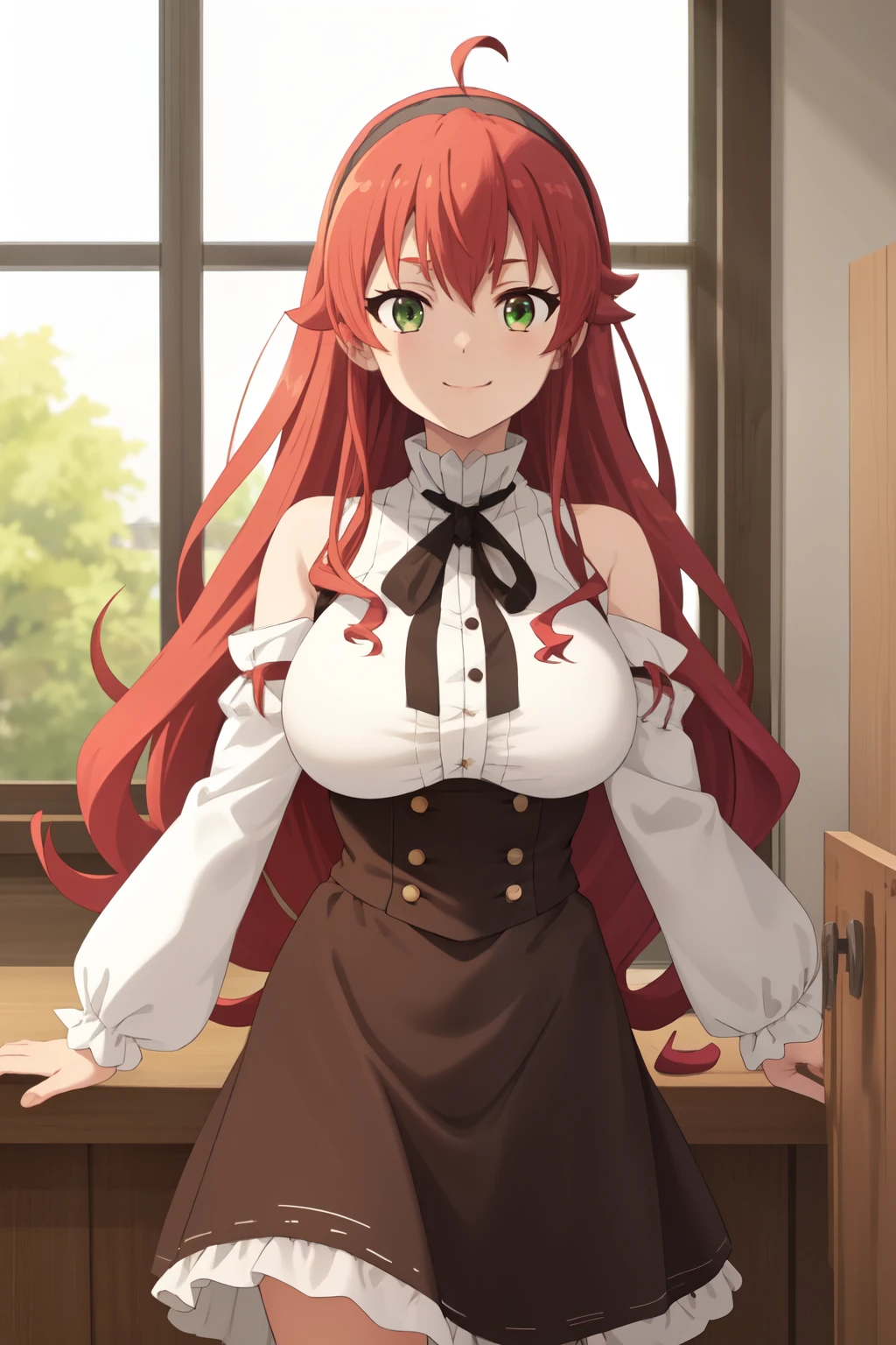 best quality, (masterpiece:1.2), detailed, eris boreas greyrat, closed mouth, light smile, long hair, red hair, ahoge, green eyes, black hairband, white dress, bare shoulders, big_breast, neck ribbon, black ribbon, brown skirt, long sleeves, standing, looking at the viewer, indoors, window, ((large_breast))