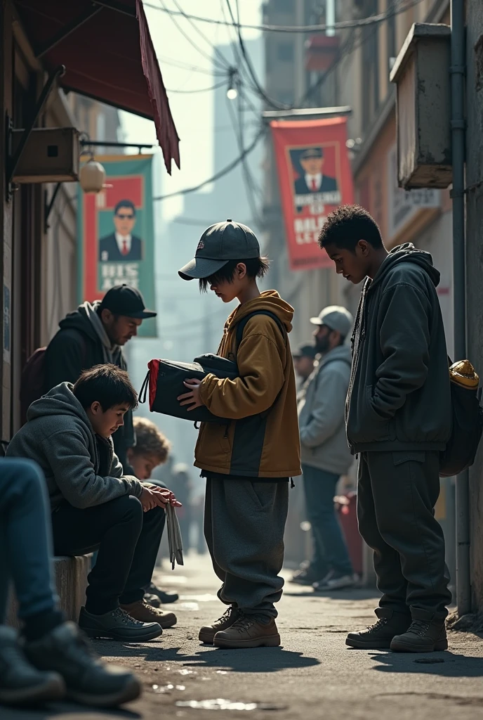 Skinhand style I want an image of a boy who is wearing baggy streetwear style clothes helping homeless people, and behind them is a political poster about helping the poor, in a dark alley and this boy is wearing a gray cap.