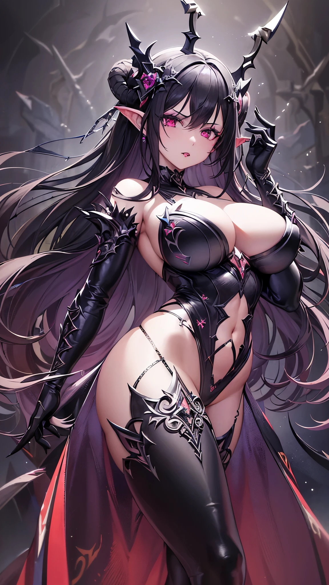 ((Highest quality)),(Ultra-high resolution),(Super detailed),(Detailed Description),((The best CG)),(masterpiece),Highly detailed art,(Art with precise detail:1.5), (Dark fantasy:1.6),(Female Antiheroes:1.6),Beautiful and well-proportioned face:1.5,(Sharp makeup:1.7),A bodysuit with a large cut-out:1.8,Sharp Long Boots:1.4,Devil Head Accessories