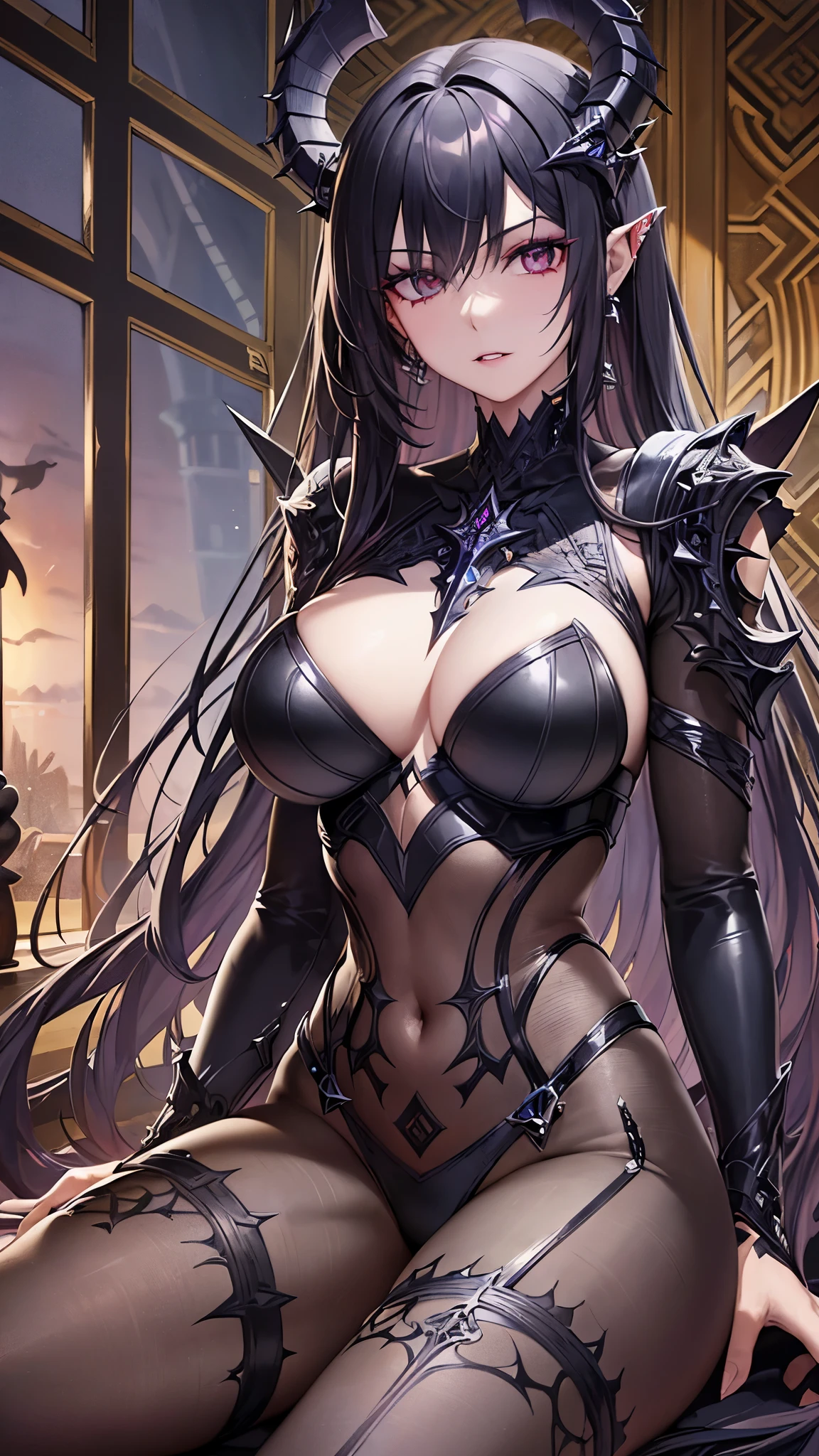 ((Highest quality)),(Ultra-high resolution),(Super detailed),(Detailed Description),((The best CG)),(masterpiece),Highly detailed art,(Art with precise detail:1.5), (Dark fantasy:1.6),(Female Antiheroes:1.6),Beautiful and well-proportioned face:1.5,(Sharp makeup:1.7),A bodysuit with a large cut-out:1.8,Sharp Long Boots:1.4,Devil Head Accessories