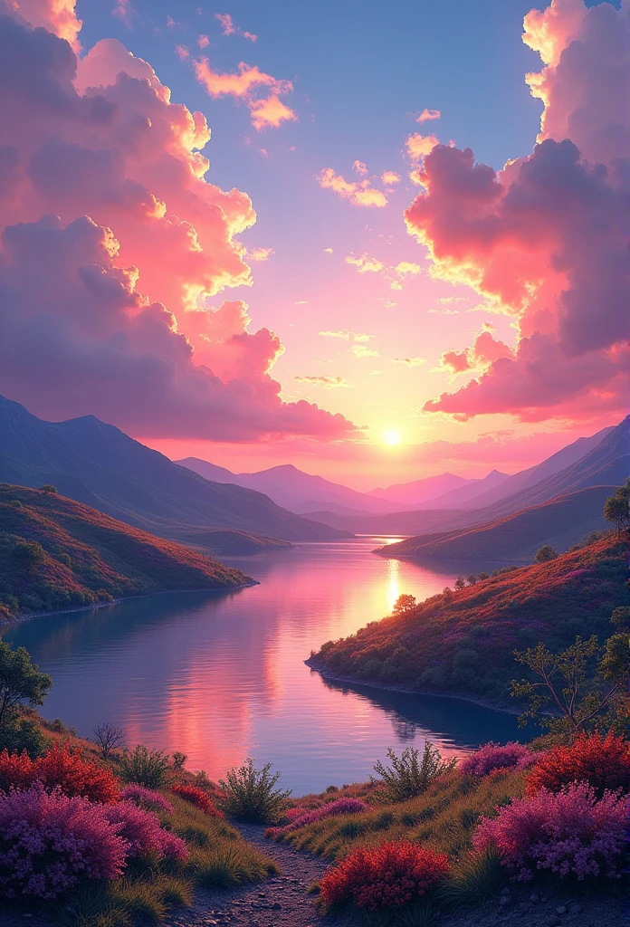 There was a beautiful sunset, The hills are full of flowers and plants., The flowers are nearby, Colorful Sky, Surreal colors, Colorful sunset, Colorful Sky, Beautiful skyの反射, Beautiful sky, Dreamy atmosphere 8k, Multicolored clouds, Colours reflected in the lake, Surreal Sky, Red and blue reflections, flame reflections, Beautiful sky, Beautiful and spectacular sunset, Beautiful dreamy landscape, Beautiful sky