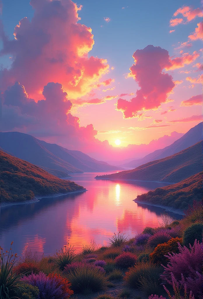 There was a beautiful sunset, The hills are full of flowers and plants., The flowers are nearby, Colorful Sky, Surreal colors, Colorful sunset, Colorful Sky, Beautiful skyの反射, Beautiful sky, Dreamy atmosphere 8k, Multicolored clouds, Colours reflected in the lake, Surreal Sky, Red and blue reflections, flame reflections, Beautiful sky, Beautiful and spectacular sunset, Beautiful dreamy landscape, Beautiful sky