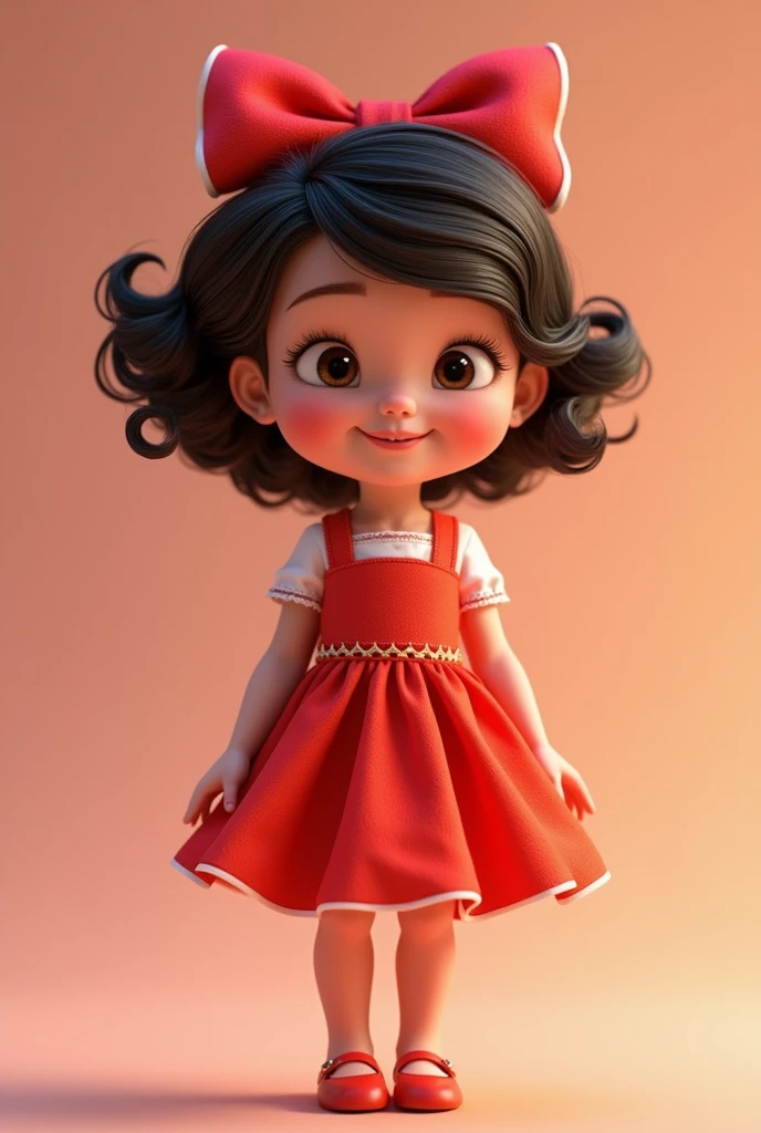 A 2-year-old Pixar cartoon style girl with a beautiful red flared dress with white skin, light eyes and short curly black hair smiling and very cute with a bow on her head
