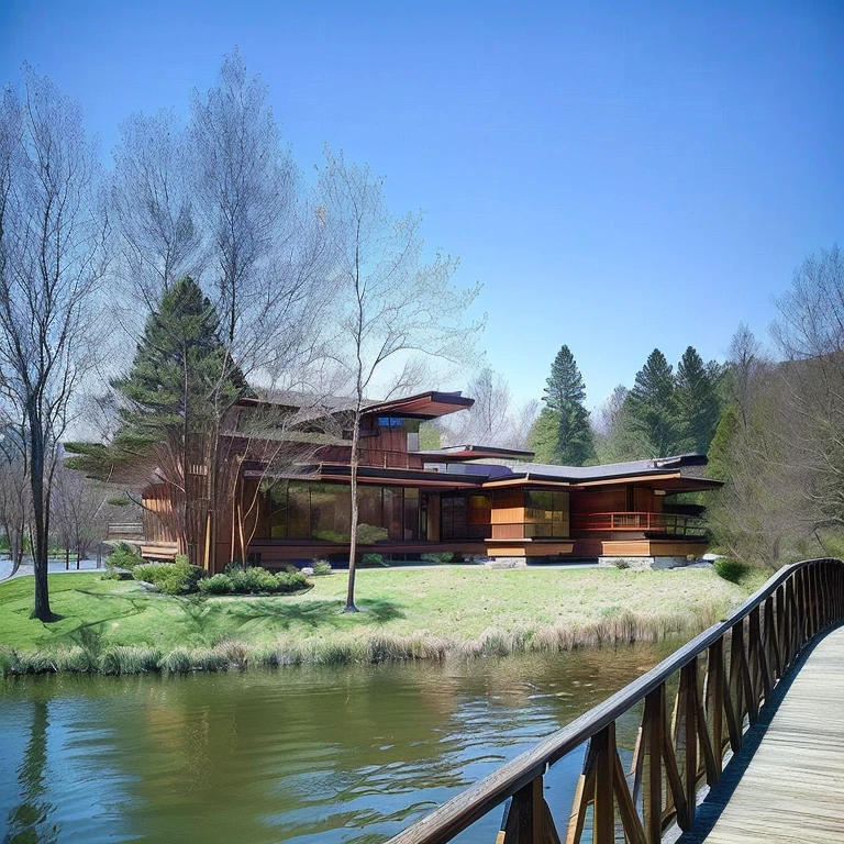A wooden bridge spans a body of water, Midcentury Modern, exterior写真, View from the side, Frank Lloyd Wright, Midcentury Modern, Midcentury Modern, exterior, Half facing left, Side view from afar, Museum Photos, View from outside, Carrington, exterior, View from the lake, Front view, Lake House