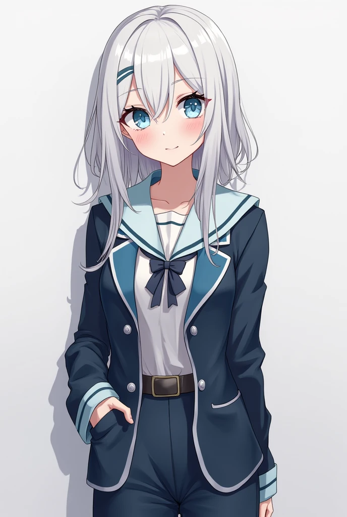 one girl, butler costume, boyish, cool, androgynous, white hair, light blue eyes, 14 years old, cute, trousers, sex, intercourse