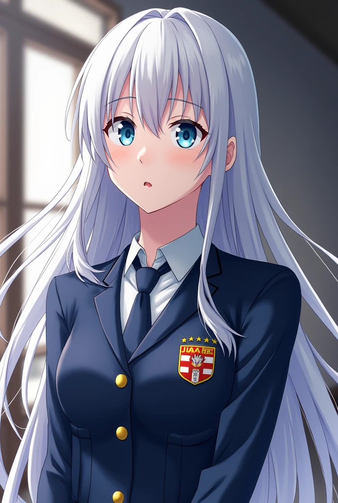 Boku no hero academia template a 15 year old girl with long white hair and blue eyes wearing the ua uniform (is speaking)