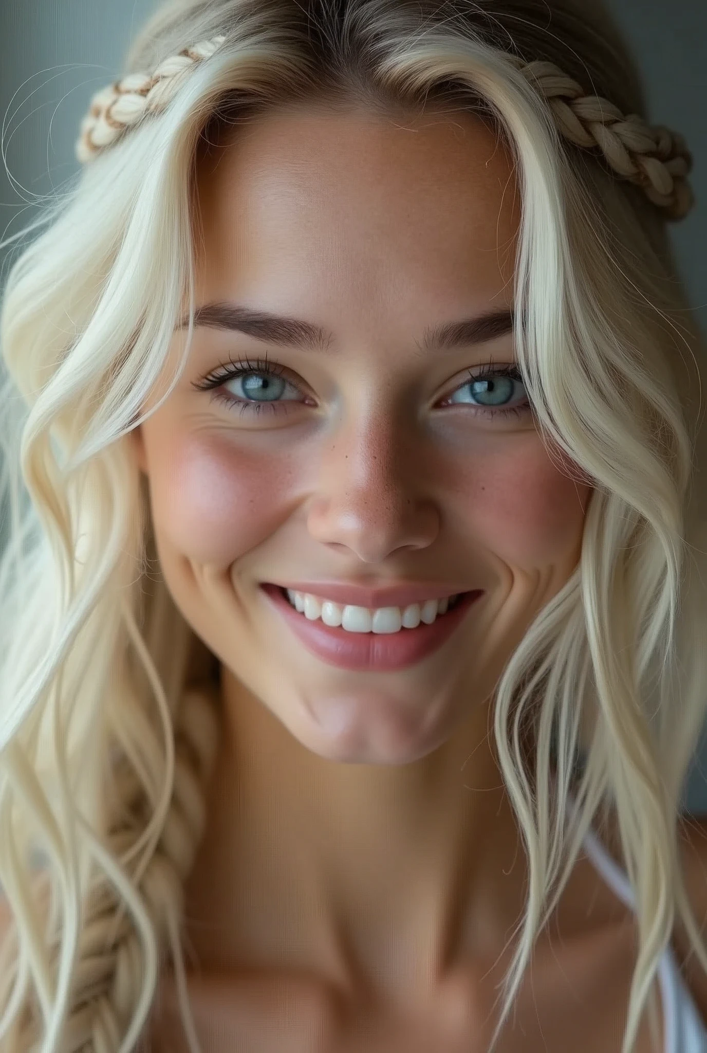 [close up of the face] masterpiece, Best Quality, super rendering, anatomically correct, textured skin, super detail, high details, high quality, award winning, best quality, high resolution, 16k, 8k High Detail Face, full body shot, 1girl, Solo, 10's Beautiful German girl, long Platinum blonde hair, Single braided, Blue eyes, skin details, skin pores, very slim breasts,  perfect hands, natural breasts, wide hips. --Sexy body --Prominent bare breasts --Detailing, full body, a lot of femininity, tempting, Dazzling, sensual pose, muse, shallow depth of field, sharp focus, flat lighting, photo realistic, best whitened teeth, gentle bright smile facial expression 