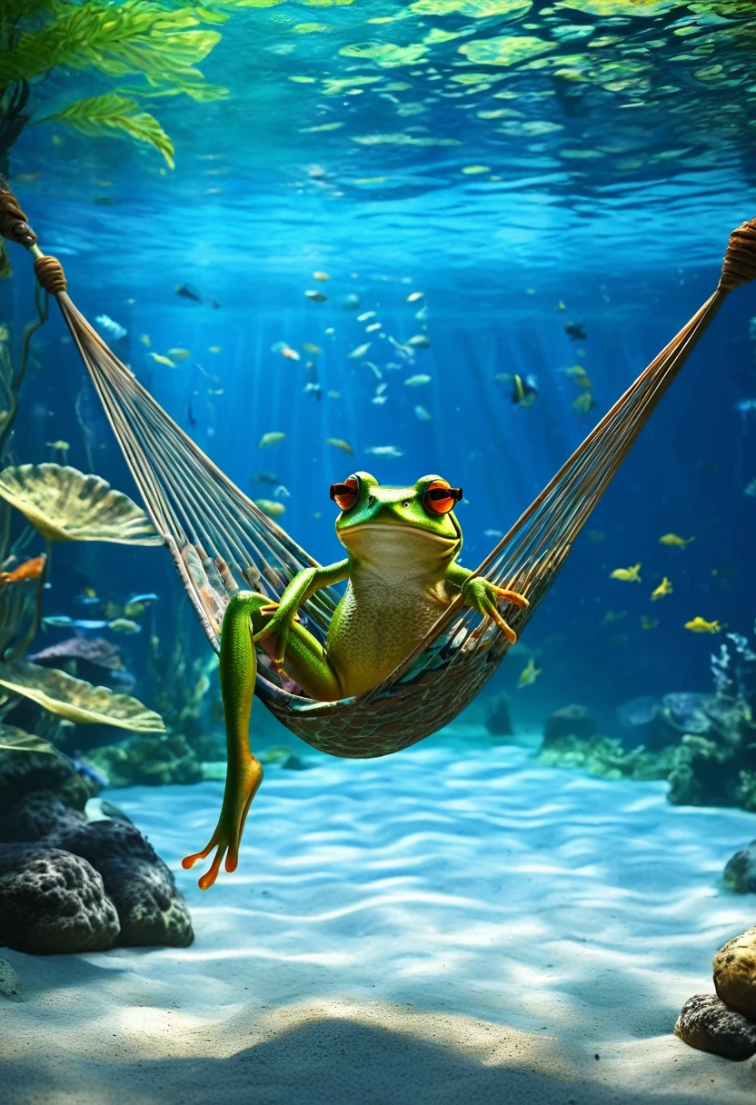 There is a frog wearing sunglasses sitting in a hammock in the water, Relaxing environment, Relaxing concept art, Masterpiece underwater scene, Amazing depth, Highly Detailed 4K HD Wallpapers, relaxed mood, Artistic 4k, Magical Environment, A pleasant and enchanting scene, ( ( ( Aquarium Bed ) ) ) ), Highly detailed digital art in 4K, Incredible depth, Aquarium Creatures, Relaxed atmosphere