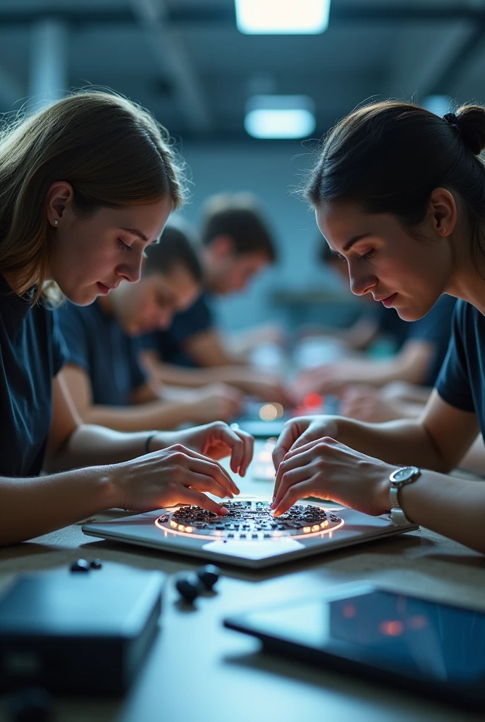 People who are assembling a necklace piece by piece and that necklace is smart