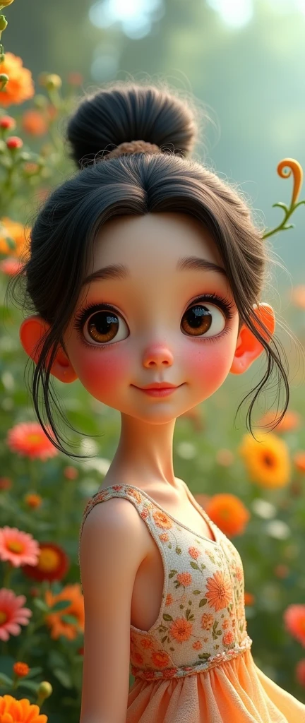 The image features an animated girl close-up. and stylized, a dress . It is surrounded by a field of flowers.