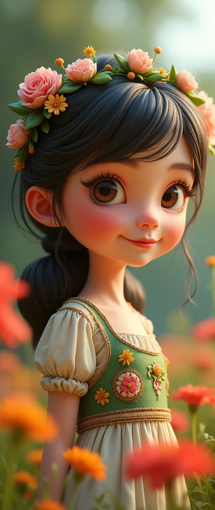 The image features an animated girl close-up. and stylized, a dress . It is surrounded by a field of flowers.