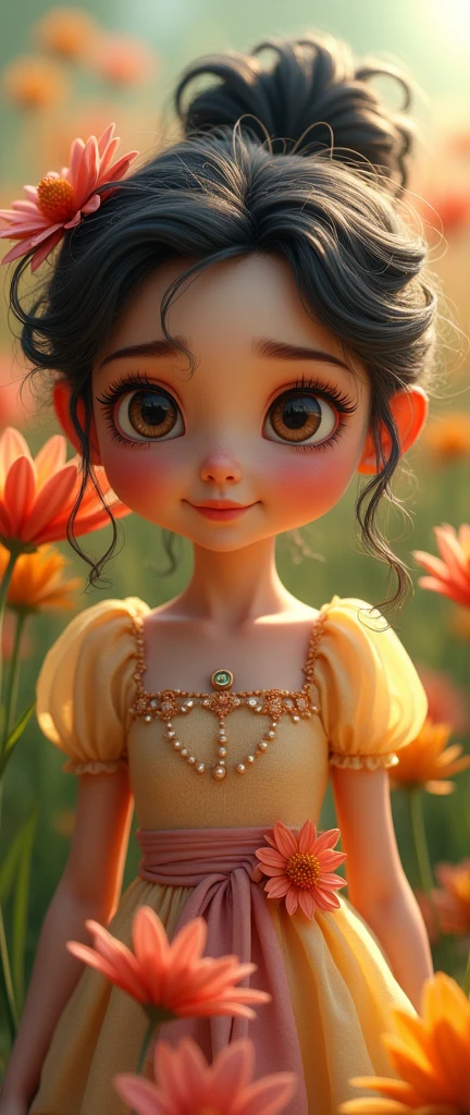 The image features an animated girl close-up. and stylized, a dress . It is surrounded by a field of flowers.