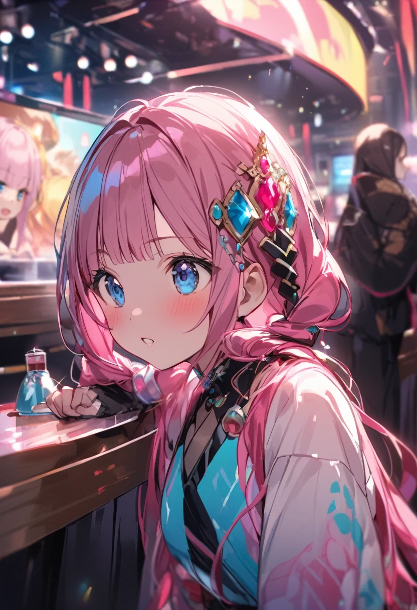 kabuki、Flashy clothing、hair ornaments、make、Girl with pink hair、blue eyes、Twin Drill、A scene from a movie