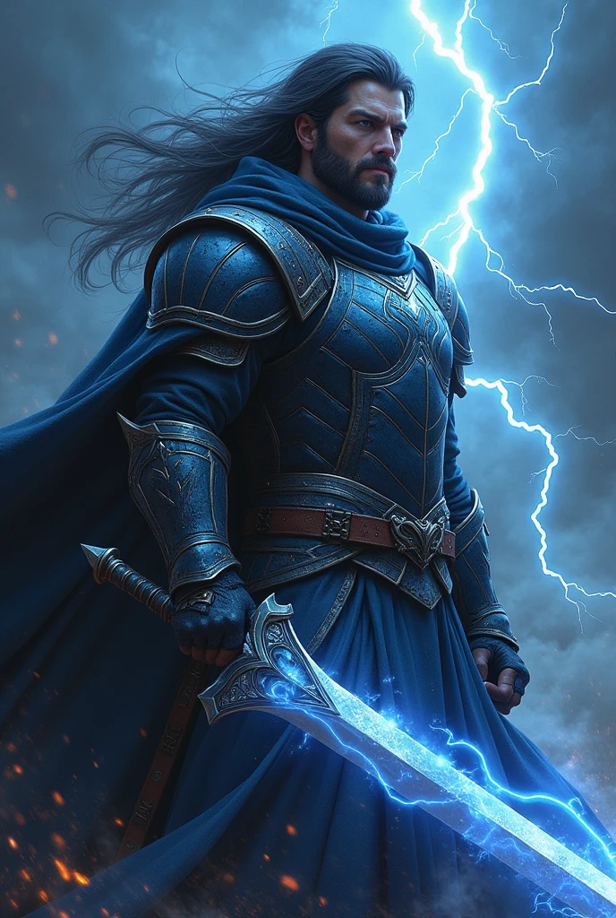 Human man dnd with hate evil, blood, electric eyes with thunder and lightning, strong, warrior with a large black electric longsword, with heavy armor. semi long hair