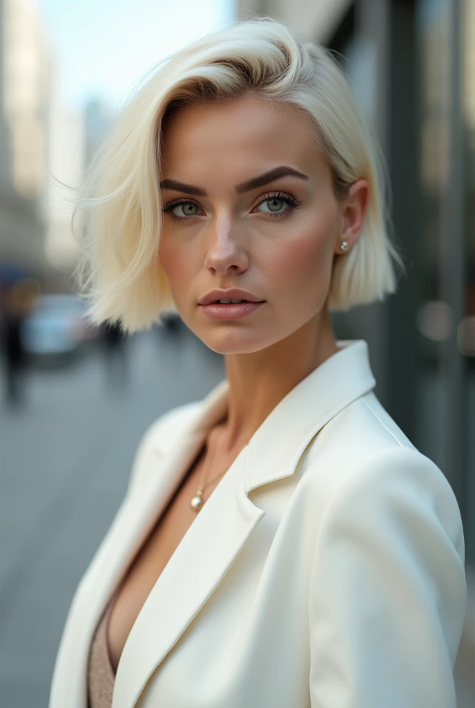 Modern woman, symmetrical face, bright green eyes, short platinum blonde hair, Make-up naturally, White blazer, Confident Pose, Urban background, editorial style, Hyper Realist, 8k