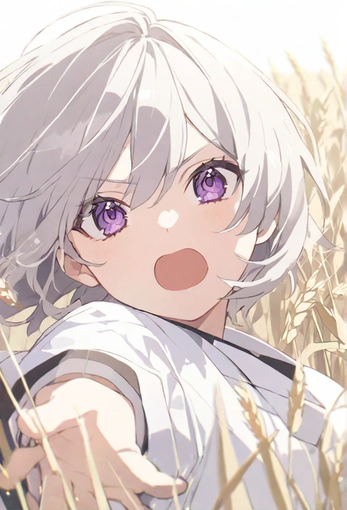 high resolution,Gray Hair,Purple Eyes,mash,There is wheat,Fluttering,White clothes,boy