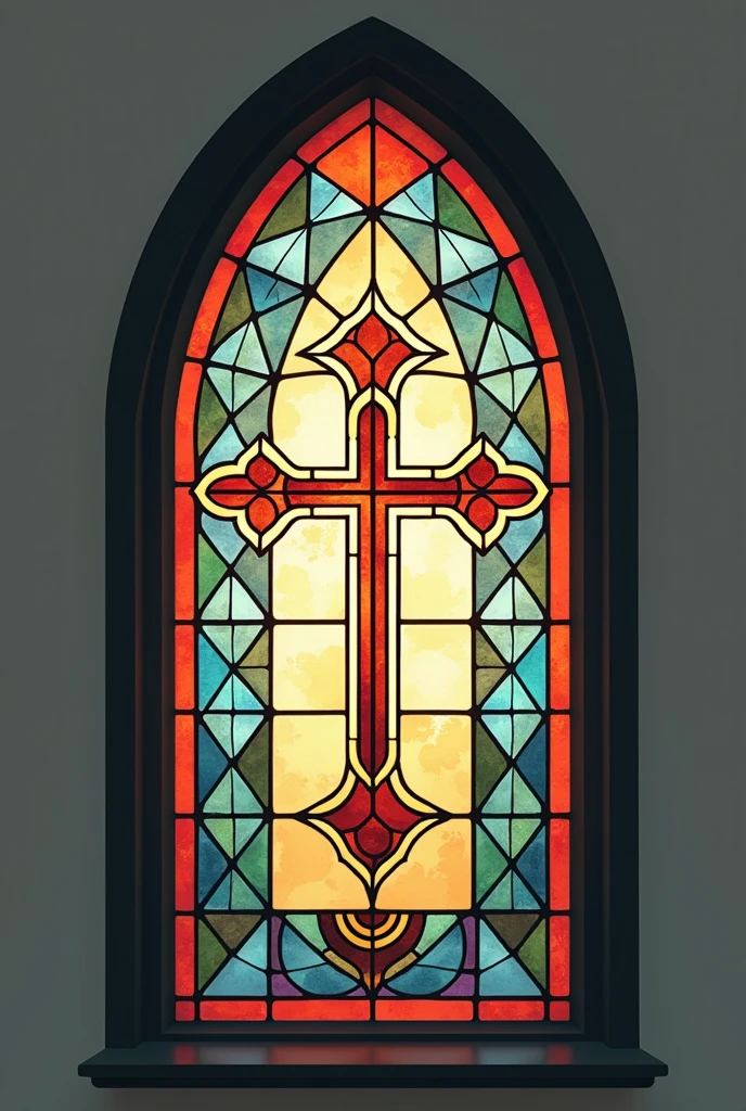 Simple stylized geometric stained glass window over the Catholic rosary 