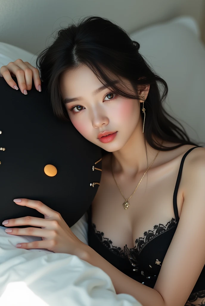 Jennie Kim the realist, with long straight black hair, black and shiny eyes, bright white aura, with a simple background, black tank top with embellishments photo 1:3 plump lips lying on a white bed with a black hello kitty pillow