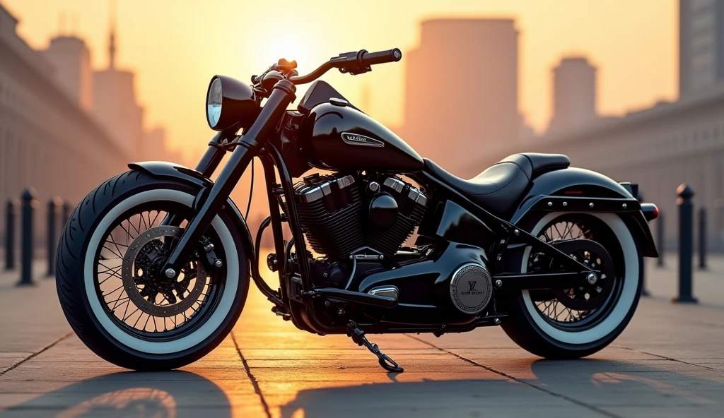 ((Photorrealistic)), (photography), PNG, Louis Vuitton motorcycle with white and black wheels, leather seat, black engine, powerful beast, fashionable, city background, sunset light, high resolution photography in the style of Louis Vuitton.
