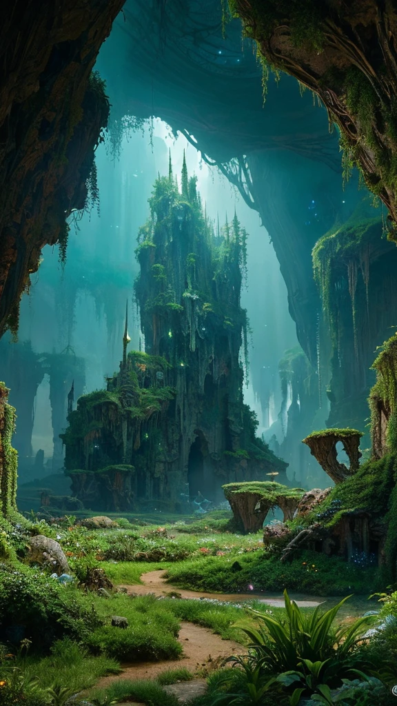 a highly detailed and intricate fantasy landscape, a vast and otherworldly alien planet, dramatic lighting, lush and overgrown vegetation, strange and alien flora and fauna, fantastical architecture, technology and machinery, cinematic composition, dramatic colors, sense of scale and wonder, photorealistic quality