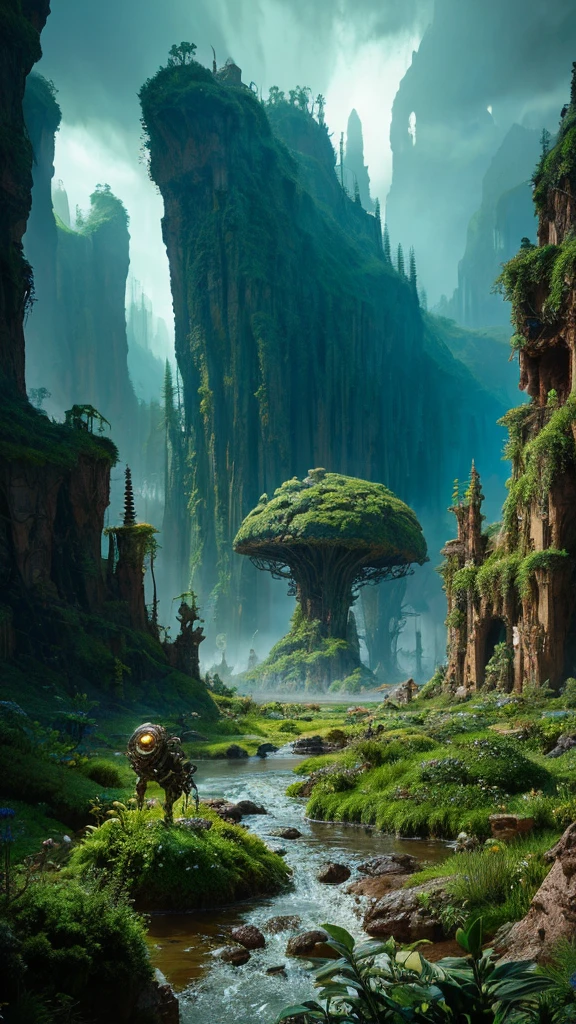 a highly detailed and intricate fantasy landscape, a vast and otherworldly alien planet, dramatic lighting, lush and overgrown vegetation, strange and alien flora and fauna, fantastical architecture, technology and machinery, cinematic composition, dramatic colors, sense of scale and wonder, photorealistic quality