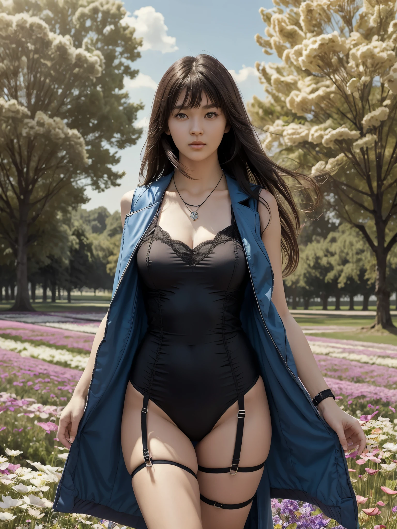 1girl, standing, blue (sleeveless long coat:1.2), long hair, side swept bangs, black lace leotard, thigh ribbon strap, (strap gap:1.2), arm warmer, arm ribbon, windswept, delicate ring necklace, gigantic breasts, detailed face, looking at viewer, blue muffler, flower field, variety of flowers, floating petals, (high quality, masterpiece, realistic:1.3),