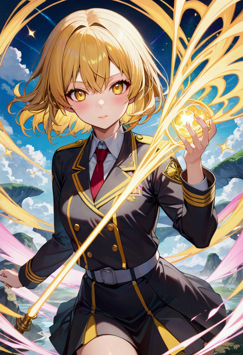 A girl with yellow hair yellow eyes uniform