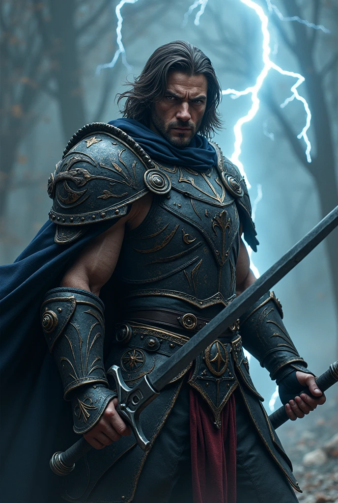 Human man dnd with hate evil, blood, electric eyes with thunder and lightning, strong, warrior with a large black electric longsword, with heavy armor. semi long hair